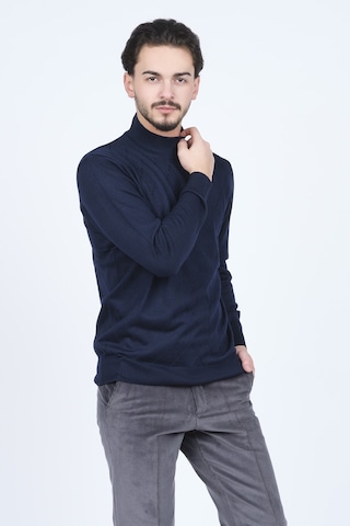 Woolen World Erkek Desenli Yarım Balıkçı Triko Yün Kazak 5596983 Lacivert