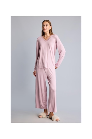 Defacto Regular Fit V Yaka Uzun Kollu Üst Geniş Kesim Alt Pijama Takımı H9101ax26aubr488 Bordo-br488