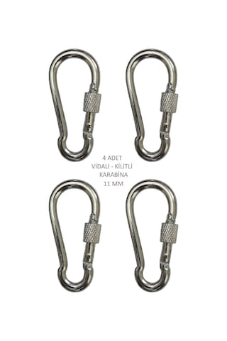 Galvanizli Vidalı Kilitli Karabina, 11 Mm, Askı, Çengel, Kanca, Anahtarlık 4 Adet