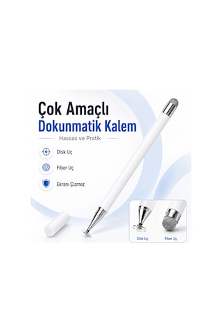 Samsung Galaxy Tab A11 X130 İle Uyumlu Çift Uçlu Dokunmatik Kalem Disk Fiber Uç Beyaz
