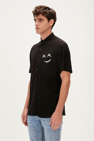 Bad Bear Smile Shirt 23.01.30.004s Siyah Kısa Kollu Baskılı Erkek Gömlek Siyah