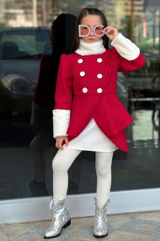 Riccotarz Kız Çocuk Kol Uçları Peluş Detaylı Kırmızı Kaşe Kabanlı Takım Kırmızı