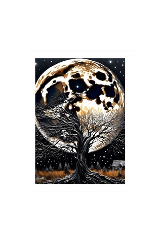 Yaprakları Dökülmüş Ağaç Ve Ay Desenli Ahşap Tablo 35cm X50cm