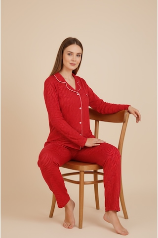 Bravie Luxury Viscose Kırmızı Puantiye Desenli Kadın Uzun Kollu Büyük Beden Pijama Takımı 42517 Bordo