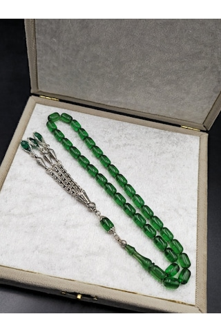 Özel Tasarım Alpaka Püsküllü Ateş Kehribar Tespih 7x11 Mm Gümüş