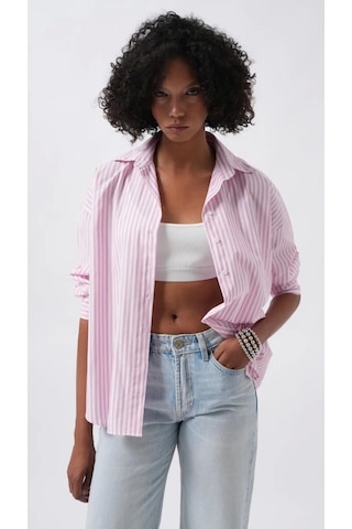 Defymoda Çizgili Detay Oversize Gömlek Pembe