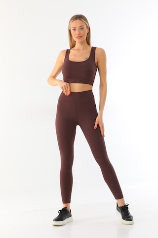 Kallima Kahverengi Toparlayıcı Yüksek Bel Fitilli Tayt-crop Takım Kahverengi