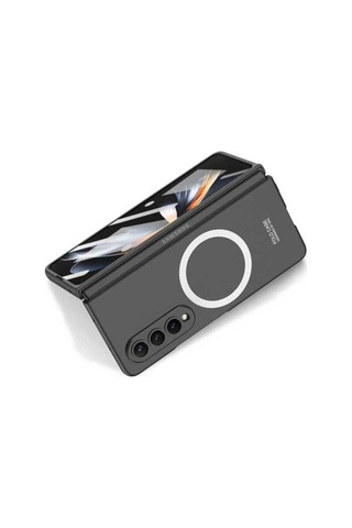 Samsung Uyumlu Galaxy Z Fold 4 Kılıf Wireless Şarj Özellikli Zore Kıpta M-safe Kapak Siyah