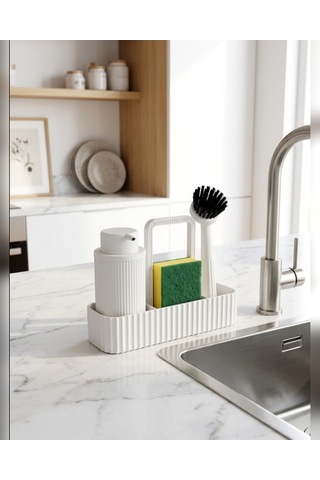 Beyaz Mutfak Lavabo Üstü Düzenleyici Set Sünger Dahil Süngerlikli Deterjanlık Bulaşık Fırçalı Tezgah Organizer