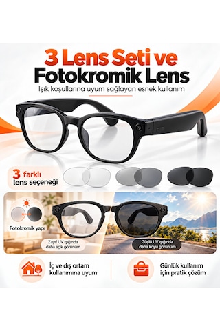 Yapay Zeka Destekli Akıllı Gözlük 8 Mp Kamera, 1080p Video, Wi-fi, Fotokromik Lens Ve 3 Lens Seti