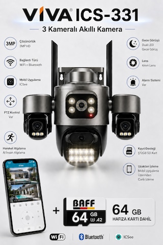 Ics-331 3 Kameralı Akıllı Dış Mekan Ptz Wifi Güvenlik Kamerası 3mp, Icsee, Aı İnsan Takip, Çift Yönlü Ses + 64 Gb Hafıza Kartı Dahil