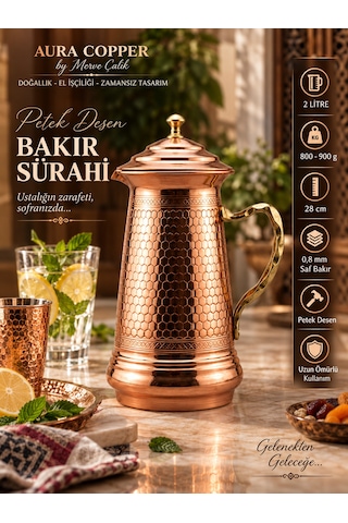 Aura Copper Bakır Sürahi 2 Litre Kapaklı İçi Kalaylı Geleneksel Desenli İbrik