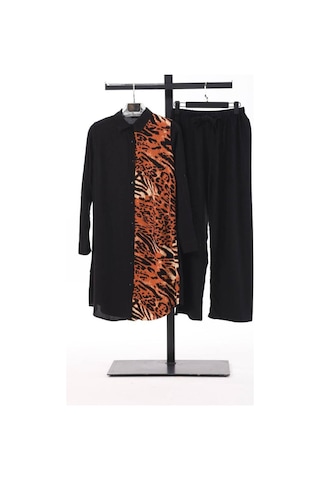 Polologin Butik Kadın Asimetrik Leopar Desenli Uzun Tunik Siyah