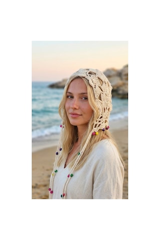 Kervan Pazarı Kadın İthal El Örgüsü Bohem Tarzı Çiçek Motifli Uzun Boncuklu Saç Filesi Bandana Krem
