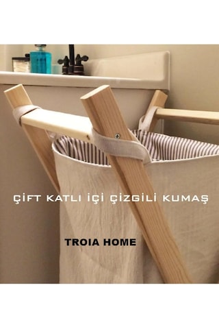 meditroia Ahşap Kirli Çamaşır Sepeti 2 Kat Dış Ekru Iç Çizgili Krem