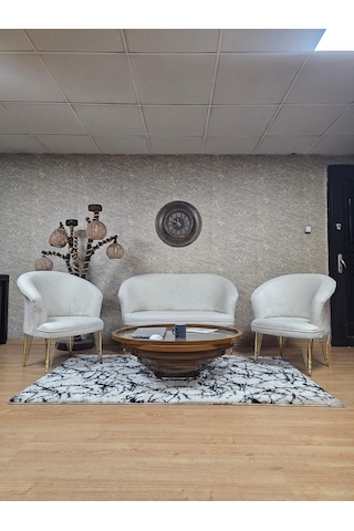 Zafir Teddy Takım Gold Kaplama Telli Ayak Çay Seti Koltuk - Berjer , Balkon, Salon, Ofis Krem