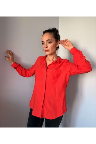 Ali Butik Turuncu Fitilli Gizli Düğme Detaylı Viskon Gömlek Turuncu