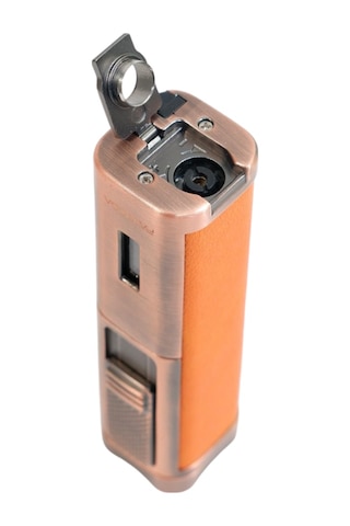 Parmida 3 Torch Pürmüz Sehpalı Gövdesi Turuncu Deri Bronz Metal Puro Çakmağı - Tr9491