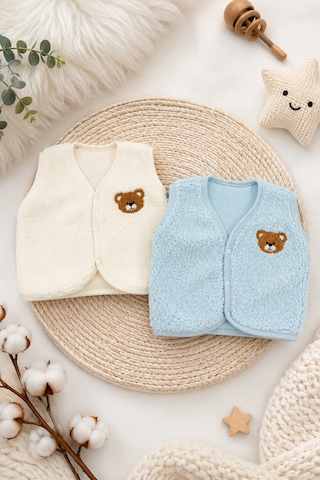 Beniizle Ayıcık Nakışlı Çıtçıtlı Welsoft Unisex 2'li Bebek Yelek Beyaz