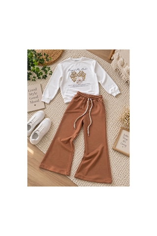 Uğur Bebe Kız Çocuk %100 Pamuk Mevsimlik Eşofman Takımı Kahverengi Geniş Paça Şık Kombin, Bağcıklı Rahat Kesim, Ekru Renk Sweatshirtlü Günlük Spor Takım, Trend Model Ekru Kahverengi Ekru Kahverengi