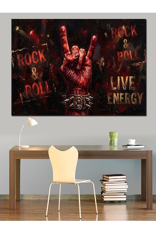 Rock Roll Yazılı Kanlı El Dekoratif Kanvas - Mdf Ahşap Tablo