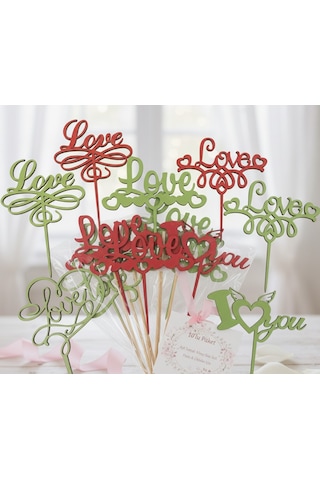 Lazer Kesim Ahşap Kalp Ve Love Temalı Pasta Ve Çiçek Süsü - 10 Adet, 11 Cm & 13 Cm