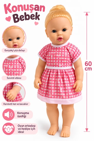 60 Cm Konuşan Bebek Pembe Kareli Elbiseli Gerçekçi Oyuncak Bebek 001