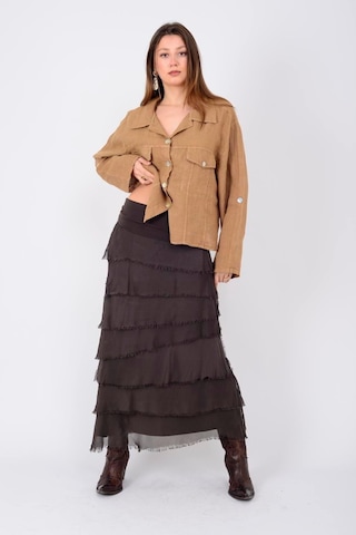 İtalyan 2 Beden Ince Gösteren Kat Kat Ipek Etek & Straplez Elbise Kahve Rengi