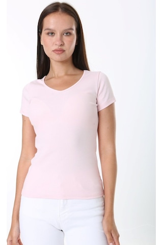 Rooted-kadın Basic V Yaka T-shirt ,fitilli Kaşkorse Kumaş Bluz Pembe