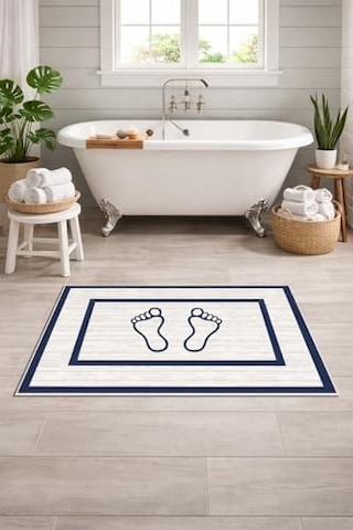 Kaymaz Banyo Halısı, Ayak Desenli, Su Emici Süngerli Yüzey, Makinede Yıkanabilir, Modern Stil, Sarı, 40x60 Cm Açık Gri