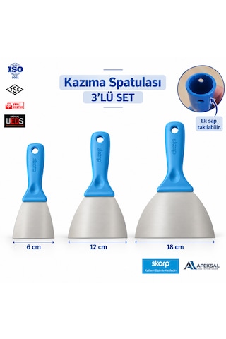 Skarp Kazıma Spatulası 3 Lü Set 6 12 18 Cm Boya Ek Sap Takılabilir Ispatula