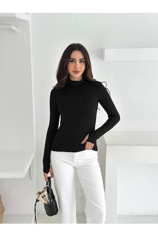 Kadın Yarım Balıkçı Yaka Parmak Geçmeli Full Likralı Buzz Body Siyah