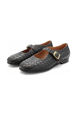 Ne&ve Shoes Kahve Hakiki Deri Örgü Detaylı Tokalı Kaddın Yuvarlak Burun Babet Siyah