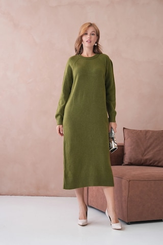 Kadın Bisiklet Yaka Yumuşak Dokulu Maksi Boy Şardonlu Oversize Triko Elbise 8324sw Haki