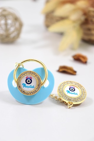 Erkek Bebek Mavi İthal Lüks Kristal Swarovski Taşlı Emzik Zincirli Askı Hediye Seti Stl6643