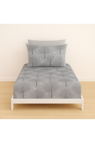 Tek Kişilik Ağaç Desen 90 X 200 Cm Lastikli Çarşaf Ve Yastık Kılıfı Gri