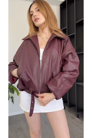 Prifaldi Premium Oversiz Bomber Deri Ceket Bordo