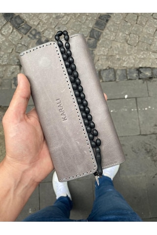 Karalı Deri Karalı Hakiki Deri Crazy Telefonluk Unisex Cüzdan Tesbih Hediyeli- Gri Gtc-6 Gri