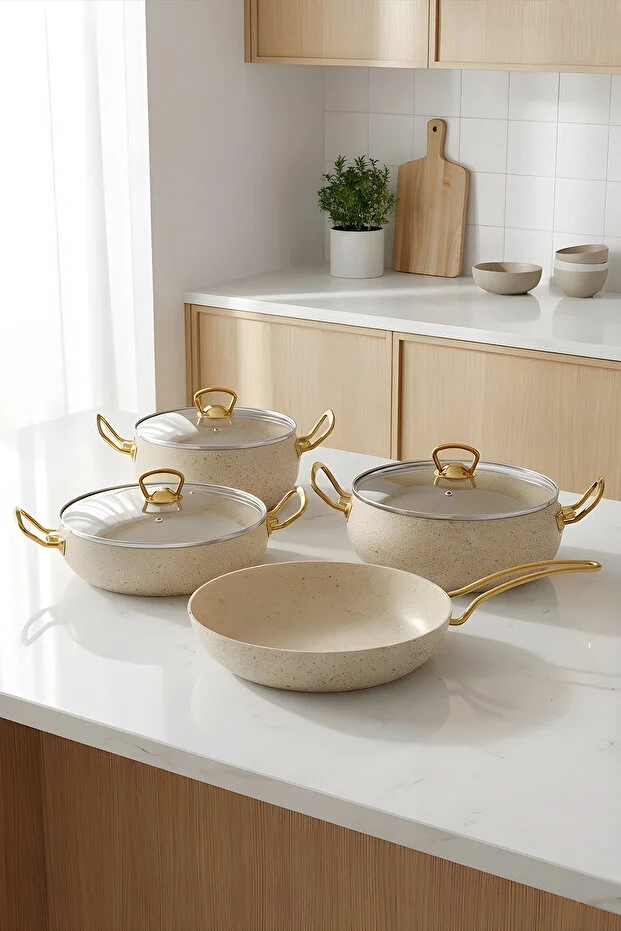 7 Parça Leon Granit Tencere Ve Tava Seti 20 Cm 2.5l, 24 Cm 4.5l, 26 Cm Basık 3l, 26 Cm Tava Bej