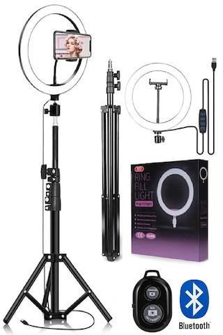 3 Renkli Led Ring Light 26 Cm 10 İnç Bluetooth Kumandalı 2.1m Tripot Youtube Tiktok Make Up Çekim Işığı Siyah