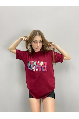 Flood Of Style Kadın Bordo Marvel Baskılı Oversize Bisiklet Yaka Tshirt