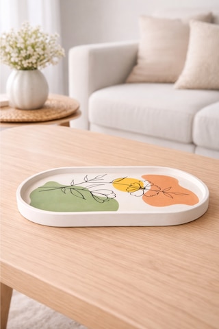 Dekoratif Art Line Stil Oval Tabak - El Yapımı Çiçek Desenli Modern Ev Dekoru 19 X 8 Cm