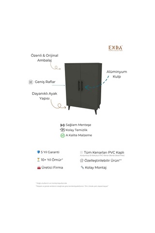 Eren 3 Raflı 2 Kapaklı Çok Amaçlı Dolap Mutfak Dolabı Banyo Dolabı Antrasit