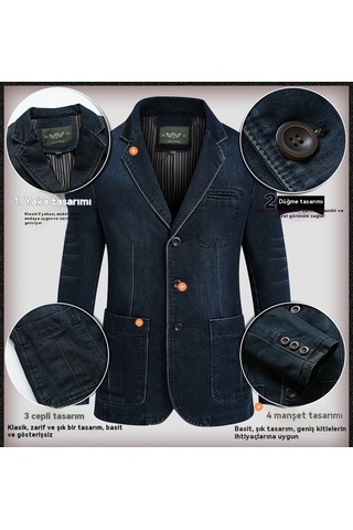 Erkek Kot Ceket, Erkek Pamuklu Kot Ceket, Dar Kesim Ceket Koyu Mavi