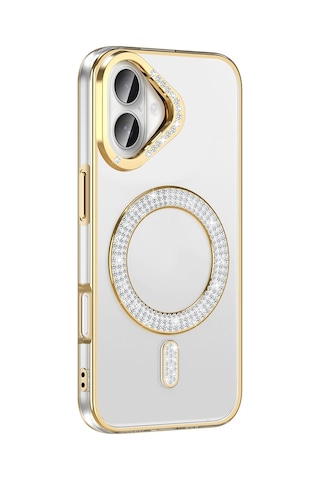 Apple Uyumlu iPhone 16 Plus Kılıf Pırlanta Taş Tasarımlı M-safe Şarj Özellikli Zore Karetta Silikon Kapak Gold