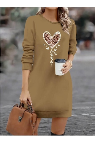 Kadın Uzun Kollu Bisiklet Yaka Kalp Desenli Kısa Viskon Elbise Bej