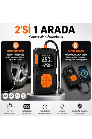 Taşınabilir Hava Kompresörü 150 Psı Dijital Ekranlı Lastik Şişirme Pompası 5000 Mah Powerbank Özellikli Araba Bisiklet Motor Top İçin Siyah