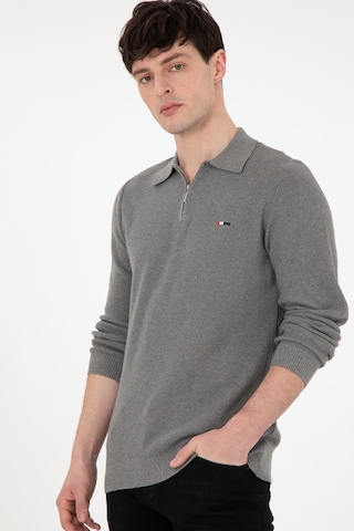 U.S. Polo Assn. Erkek Regular Fit Yarım Fermuarlı Gri Melanj Basic Kazak 50298266-VR086