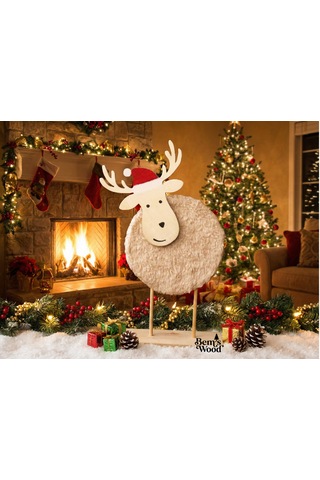 Sevimli Ahşap & Peluş Yılbaşı Geyiği Figürü - Noel Şapkalı Dekor Ahşap