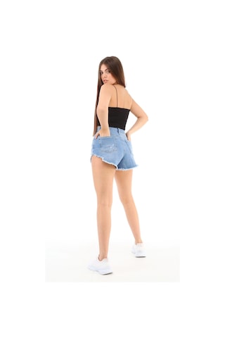 Cedy Denim Kadın Yüksek Bel Yırtlıklı Ve Yıpratmalı Paçası Püsküllü Kot Şort Mini Jean Şort C603 Mavi